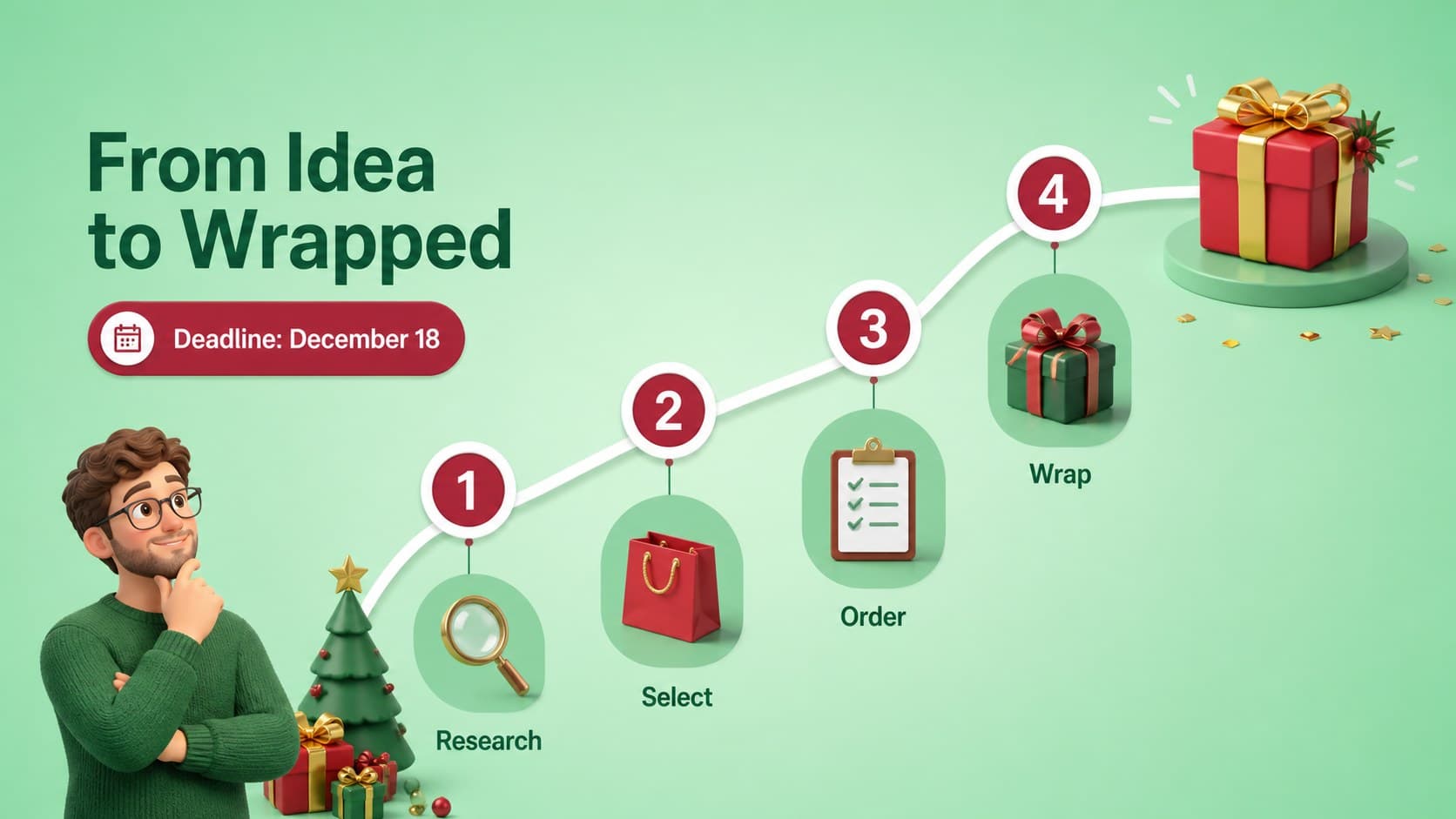 Shopping timeline slide showing research, selection, ordering, and wrapping milestones for holiday gifts.
