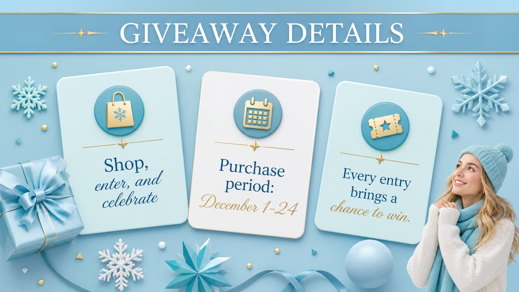 Holiday promotion flyer slide showing giveaway details in a blue 3D seasonal campaign layout.