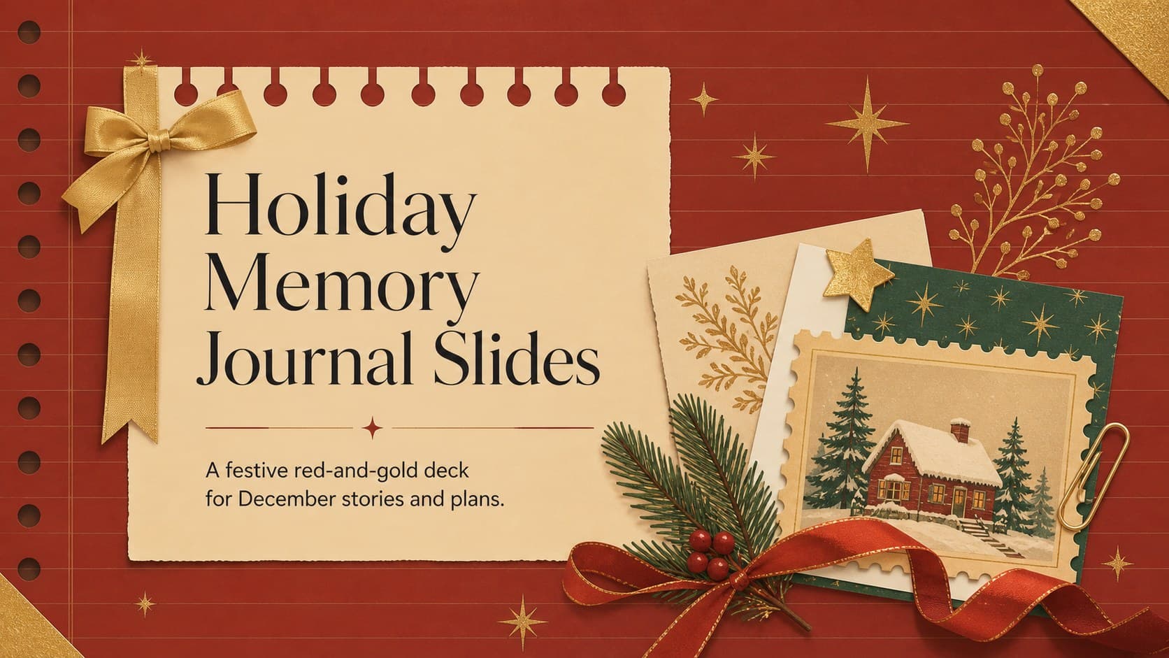 Cover of the Holiday Memory Journal Slides deck with festive red-and-gold scrapbook decorations.