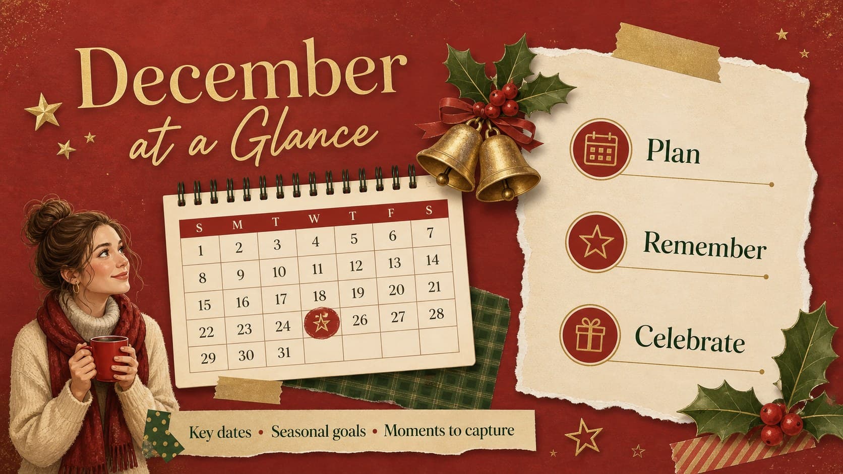 December overview page from a holiday memory journal with dates, goals, and seasonal highlights.