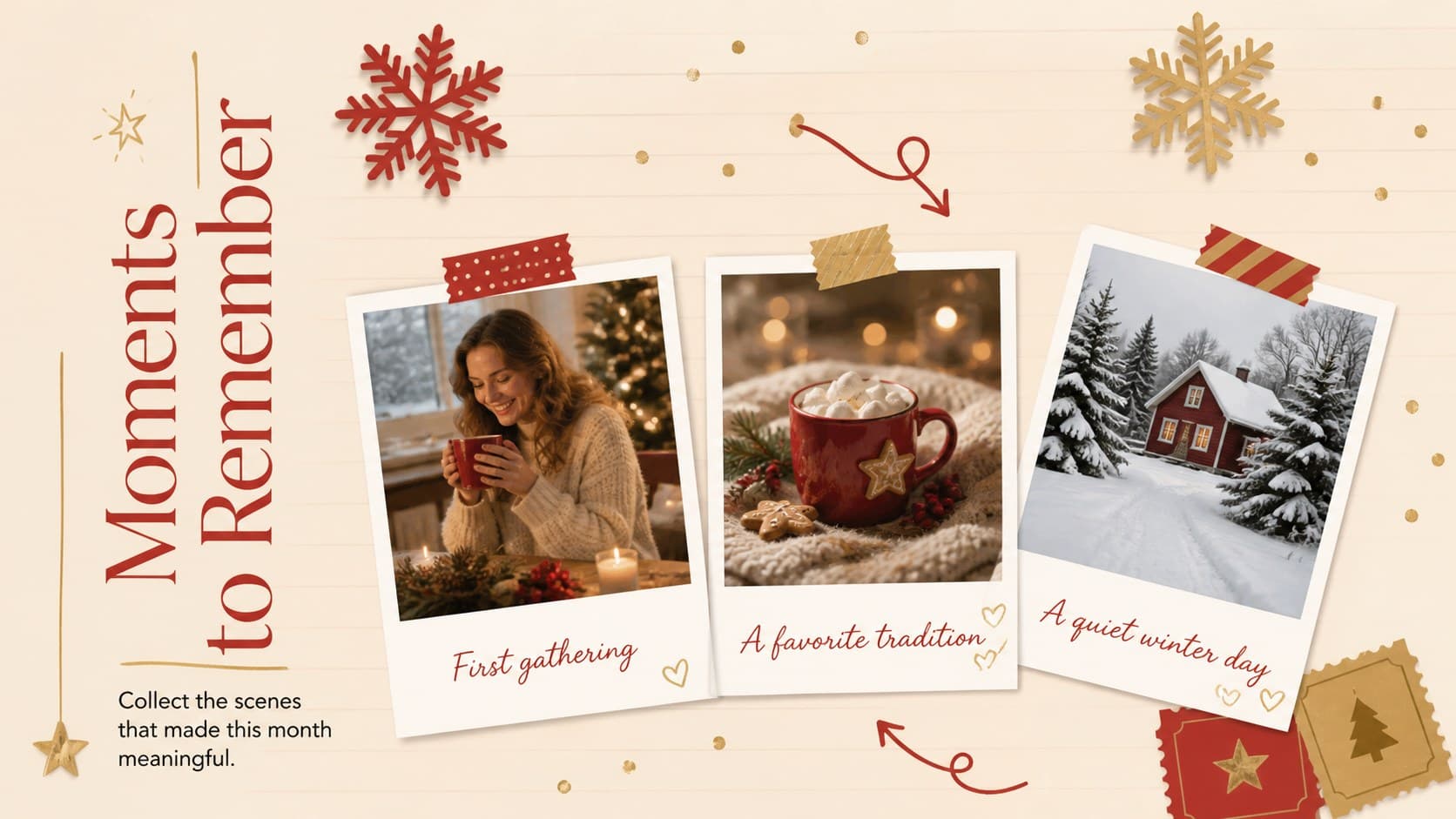 Red-and-gold December memory book template page featuring three seasonal photo highlights.