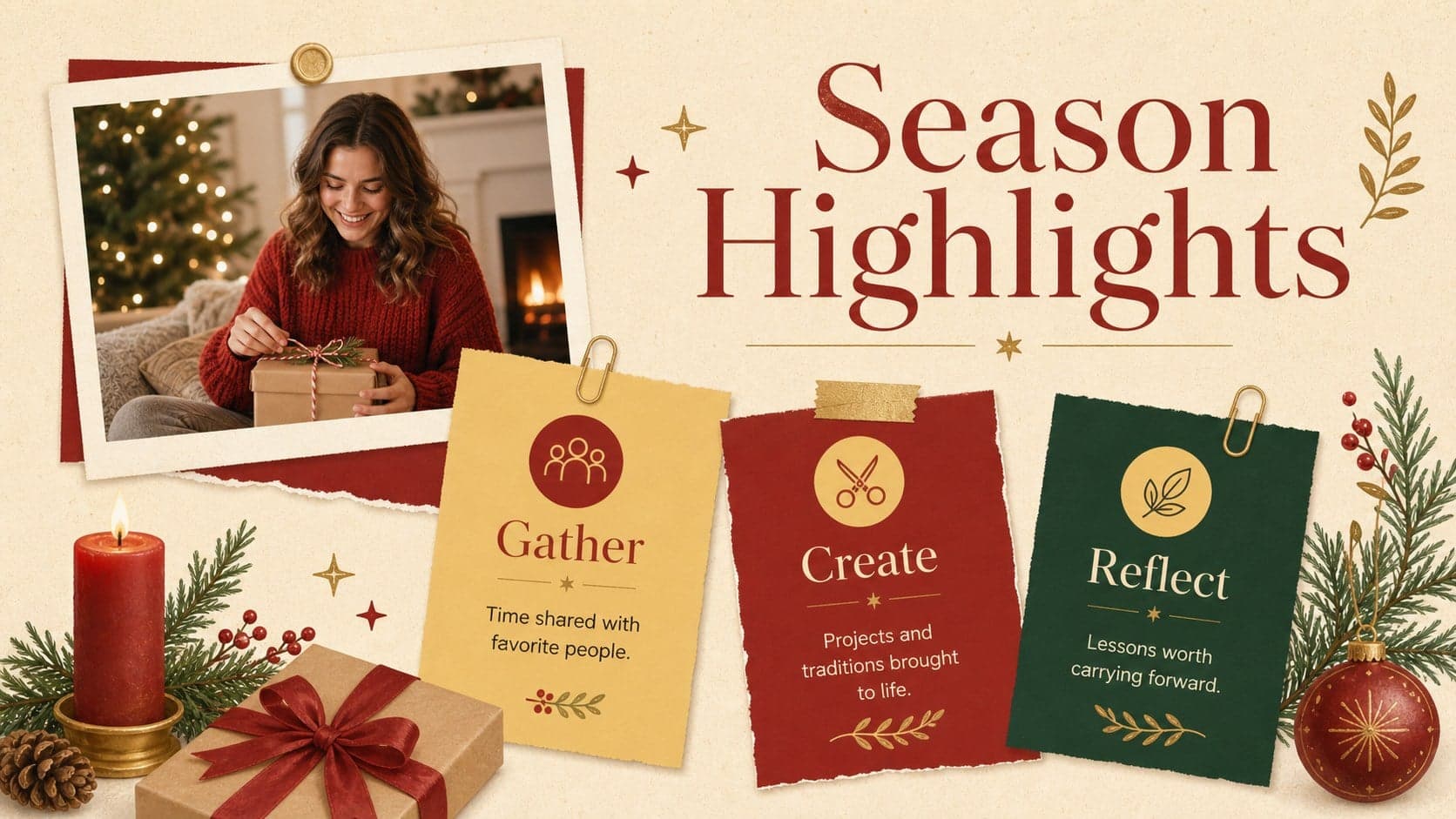 Holiday journal slide summarizing December season highlights in three illustrated sections.