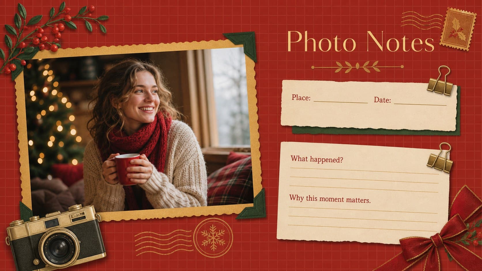Seasonal photo diary slideshow layout with a large image area and handwritten memory notes.