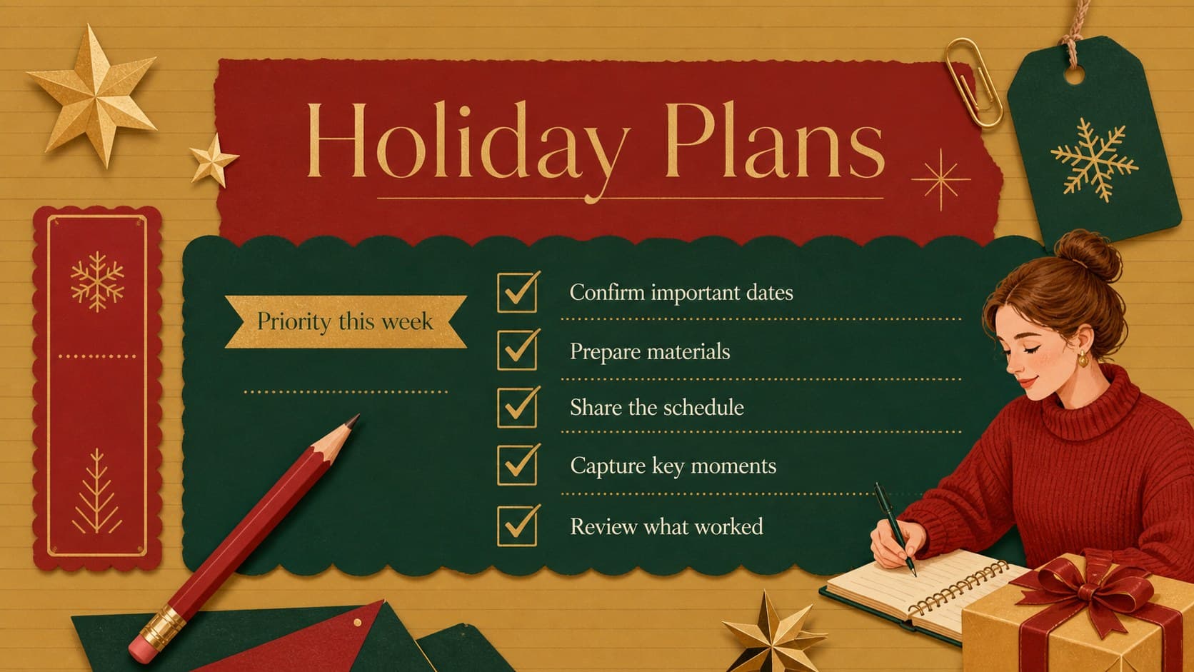 Holiday project planning slide with a December checklist in a red-and-gold notebook style.