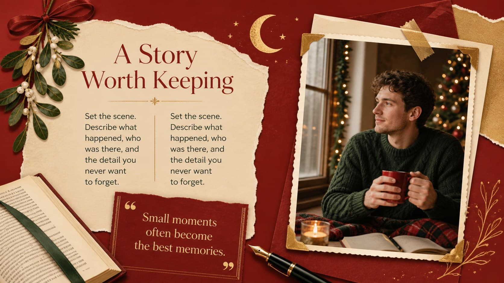 Christmas scrapbook PowerPoint theme page with space for a personal seasonal story and photograph.