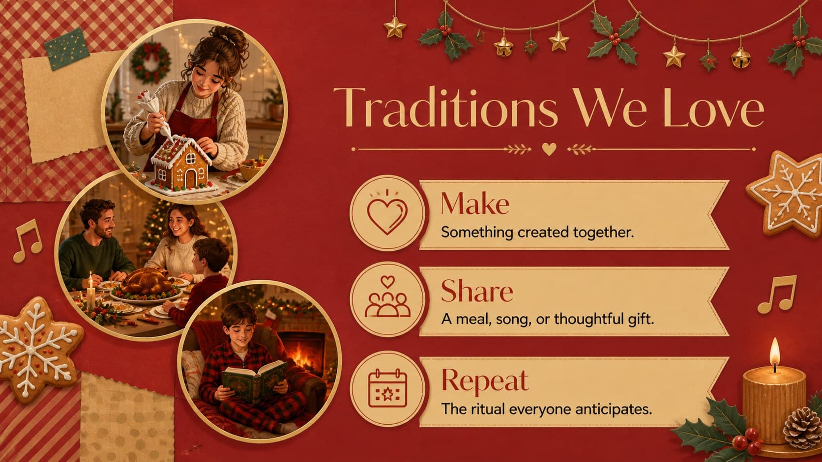 Festive journal Google Slides page documenting three favorite holiday traditions.