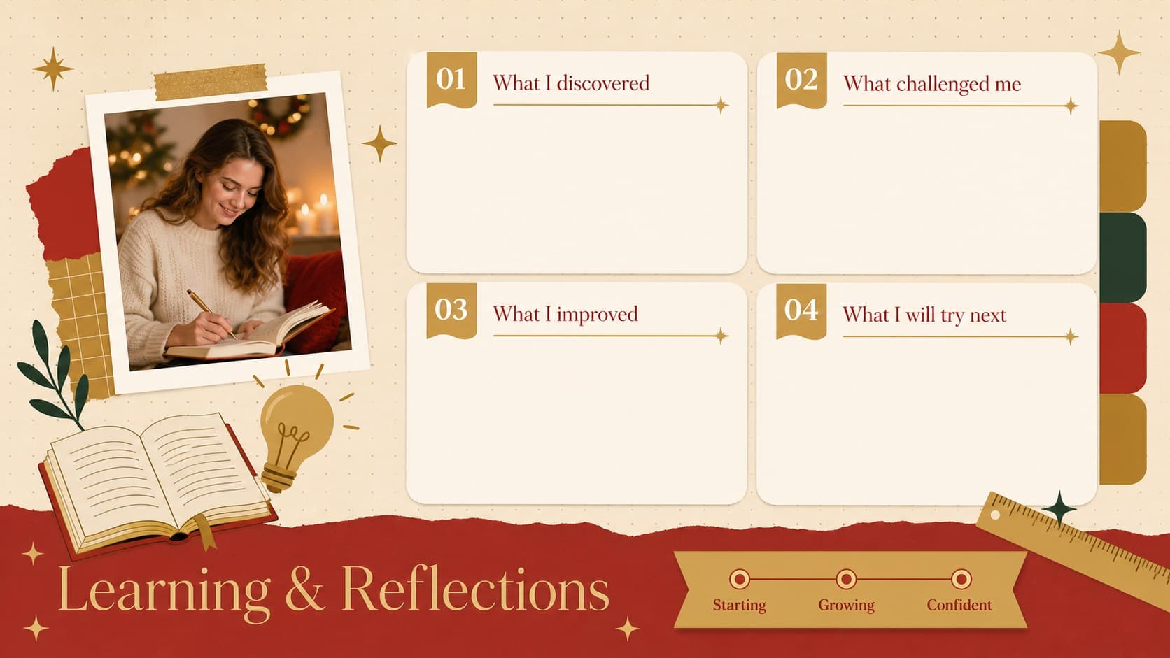 Winter classroom reflection presentation slide with learning prompts and a progress scale.