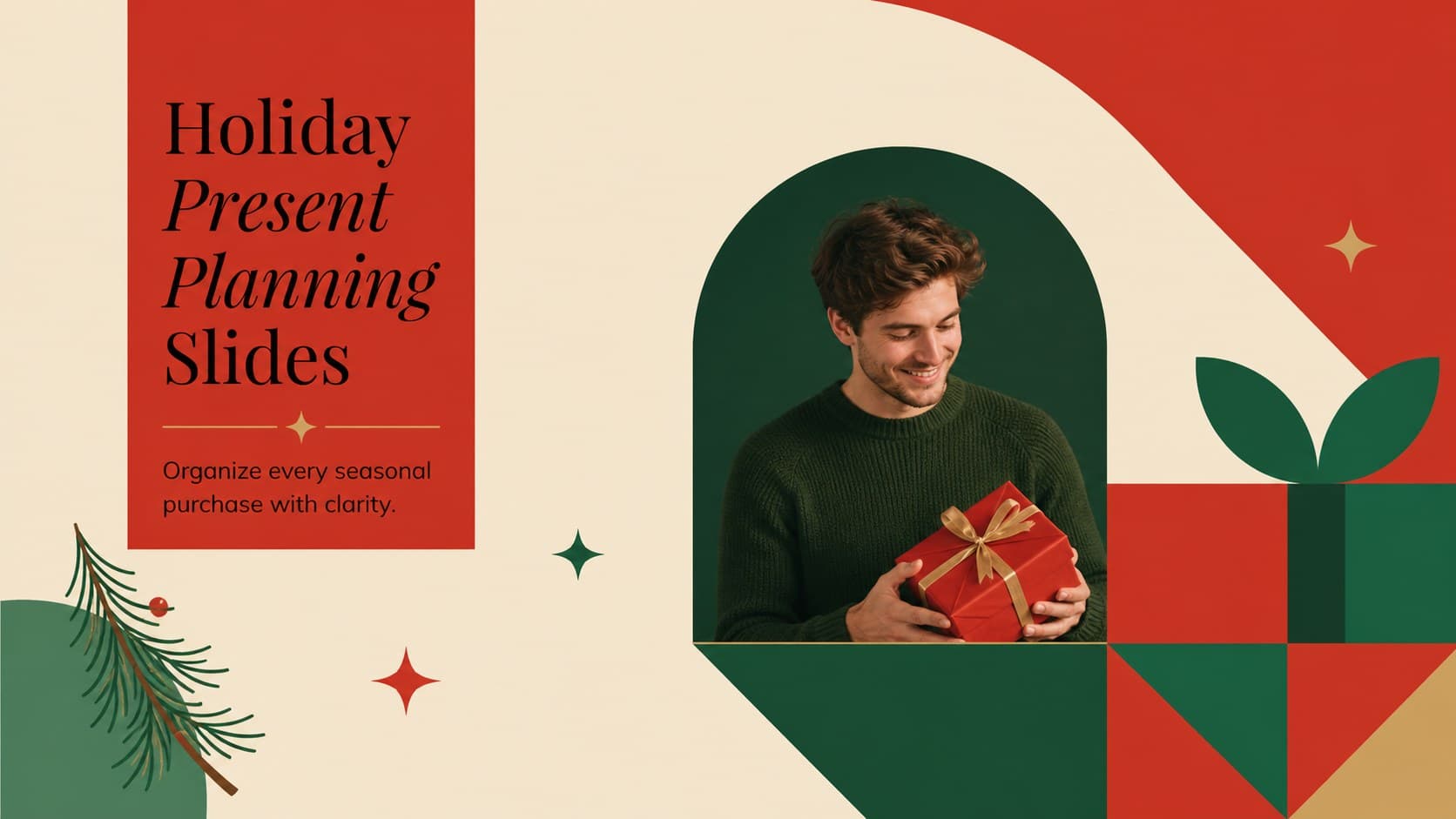Festive cover slide introducing holiday present planning slides with a minimalist red-and-green seasonal design.