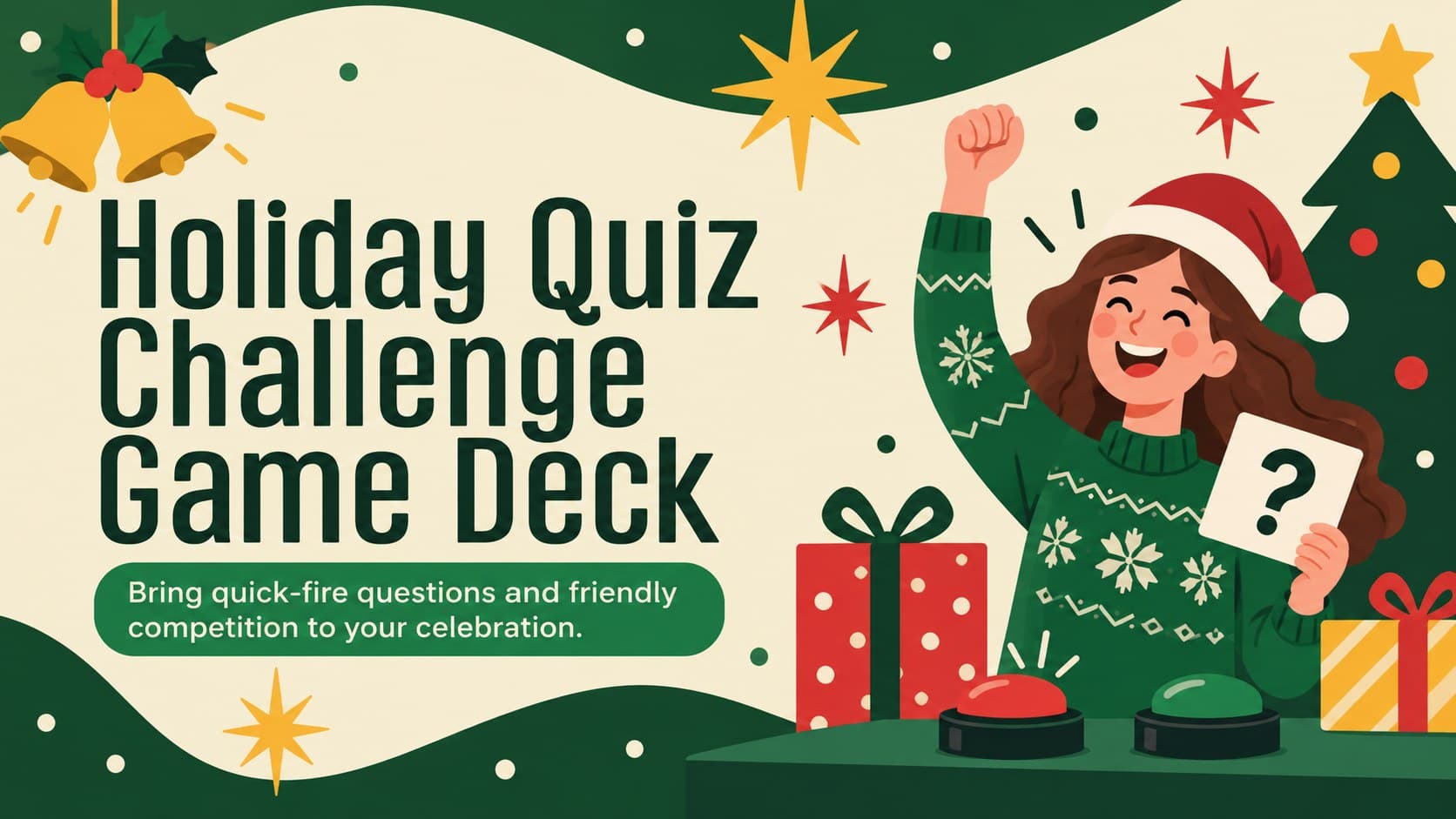 Cover of the Holiday Quiz Challenge Game Deck with green and beige festive illustrations and bold game-show typography.