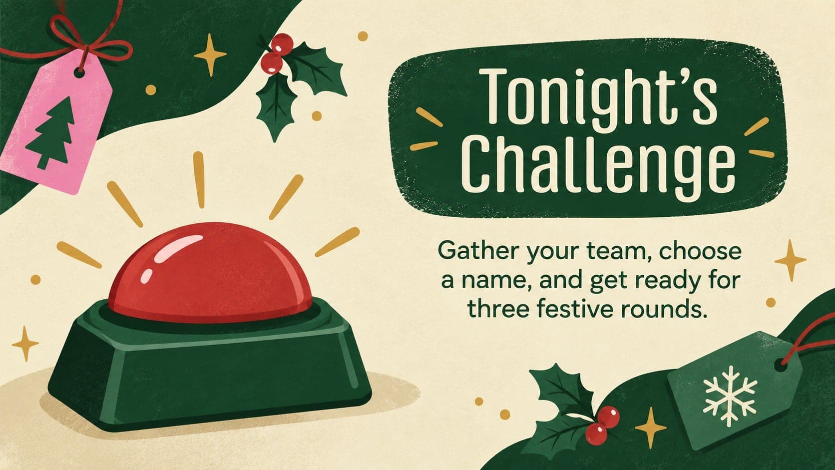 Festive trivia welcome slide introducing teams to the holiday quiz challenge.