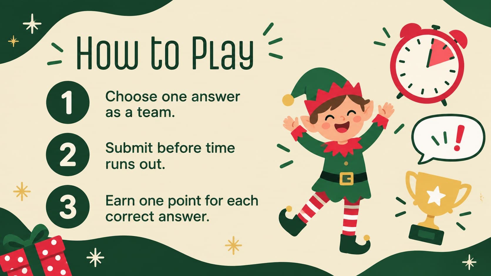 Holiday quiz rules slide explaining points, teamwork, and answer timing.