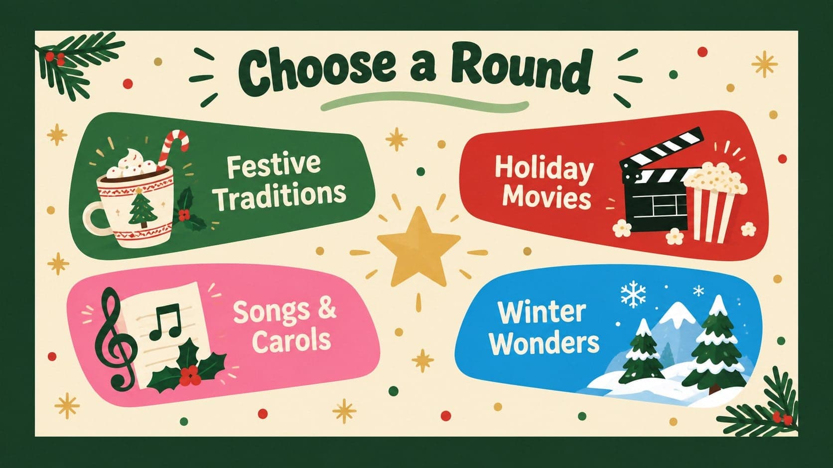 Category menu for a multiple choice holiday challenge deck with traditions, movies, music, and winter topics.