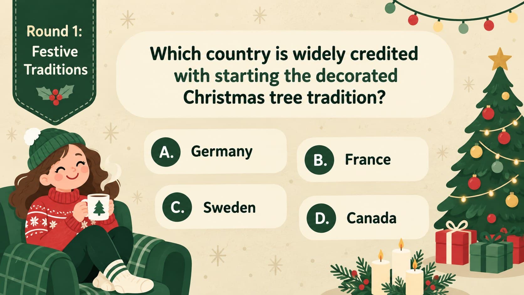 Christmas traditions quiz question with four bold multiple-choice answer buttons.