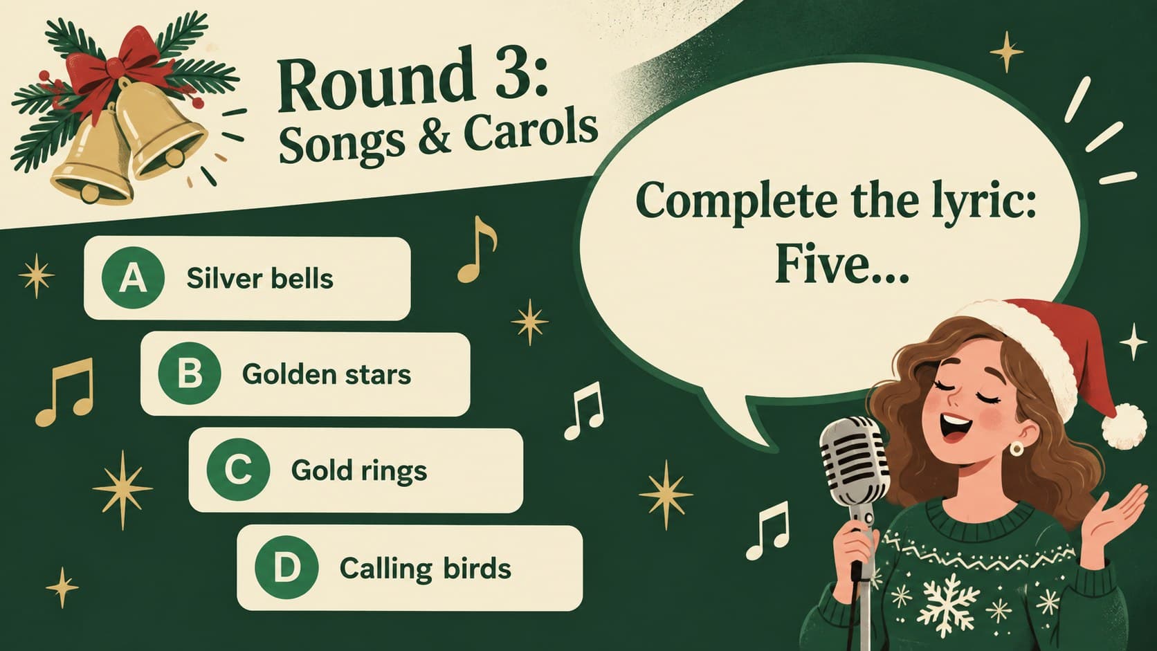 Christmas songs and carols quiz slide with a lyric-completion multiple-choice question.