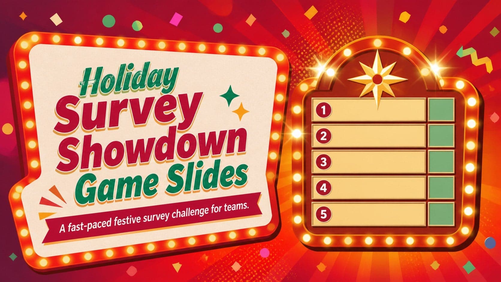 Holiday Survey Showdown Game Slides cover with vivid red gradients and festive game-show graphics.