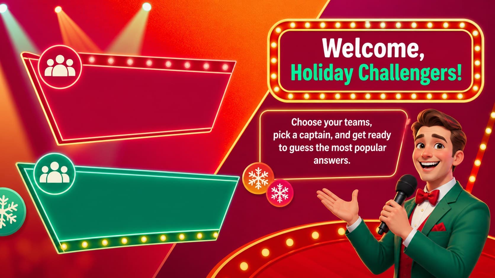 Interactive holiday party slides welcome screen inviting guests to form their teams.