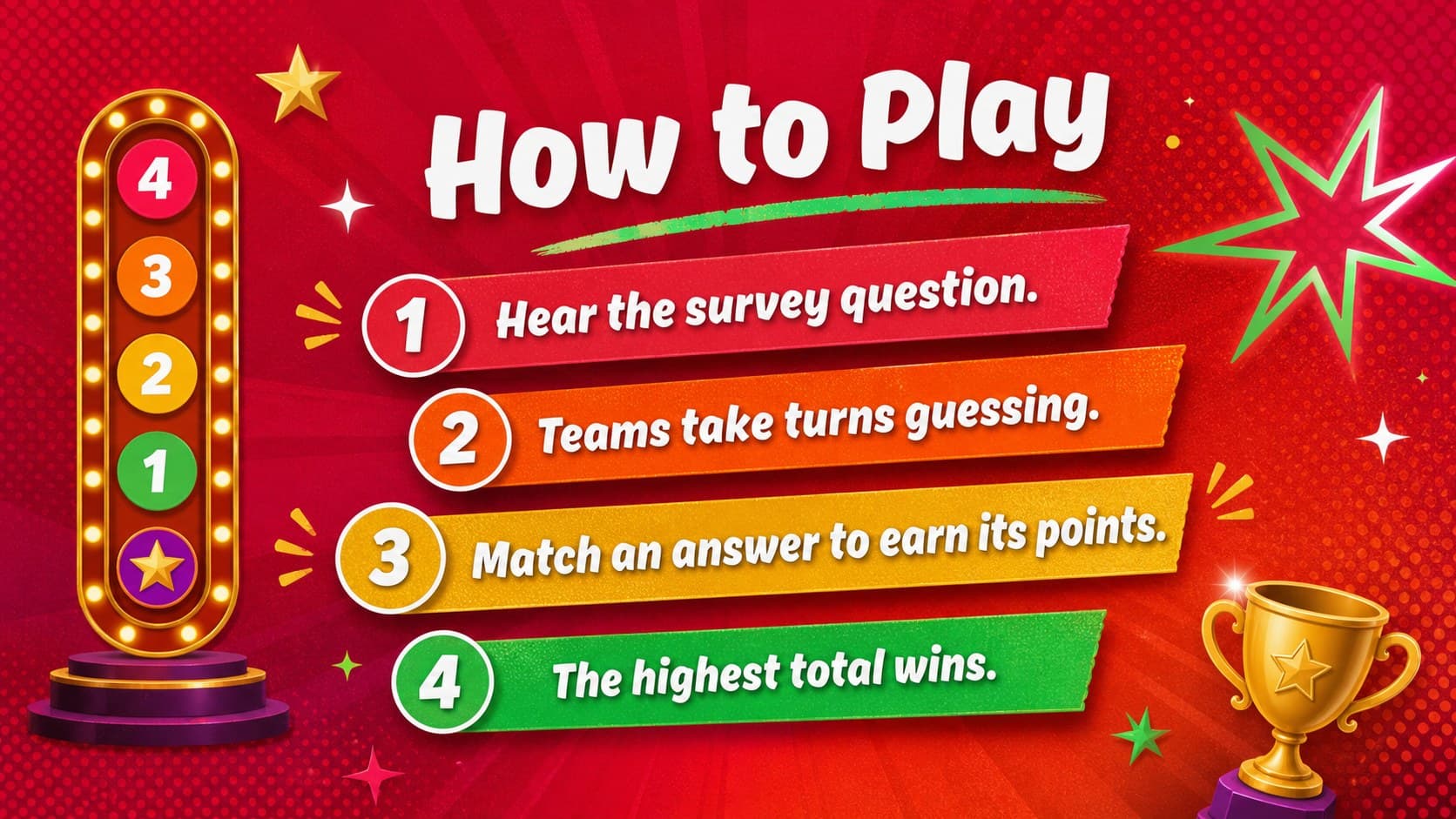 Christmas survey quiz presentation slide explaining the team game rules and scoring.