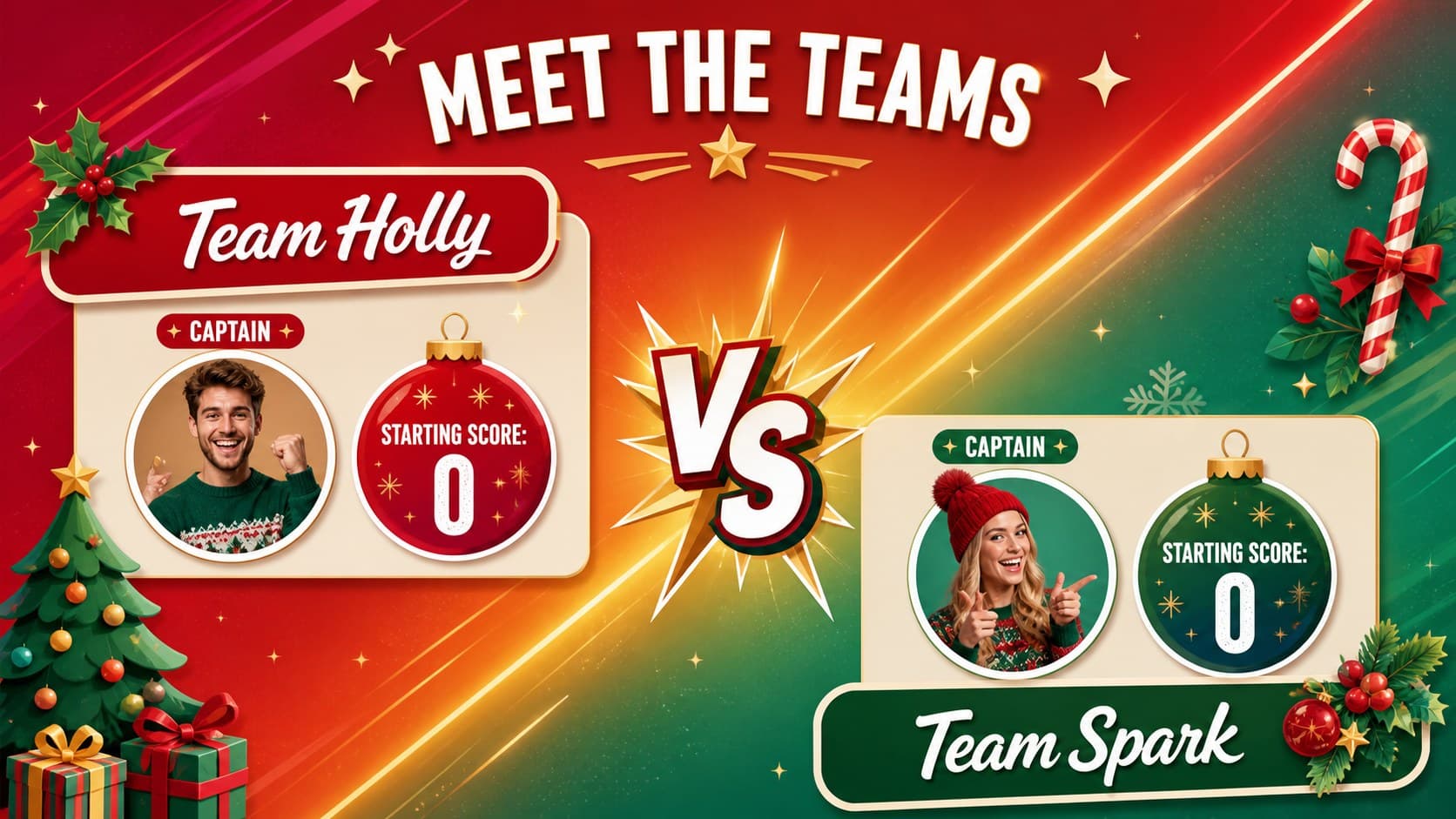 Festive team challenge slide with editable names for two holiday quiz teams.