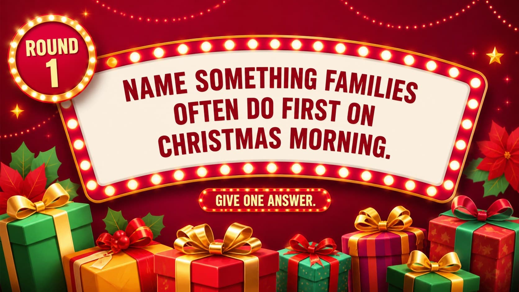 Holiday survey showdown question slide asking players about Christmas morning traditions.