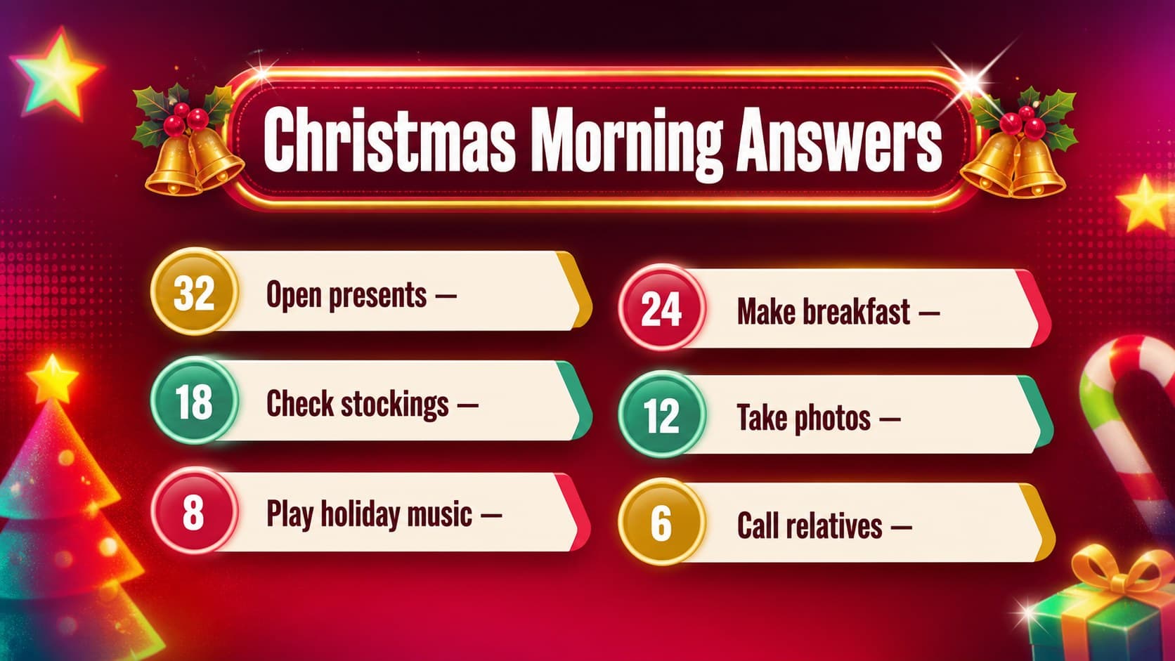Christmas game show PowerPoint template answer board with six festive morning responses.