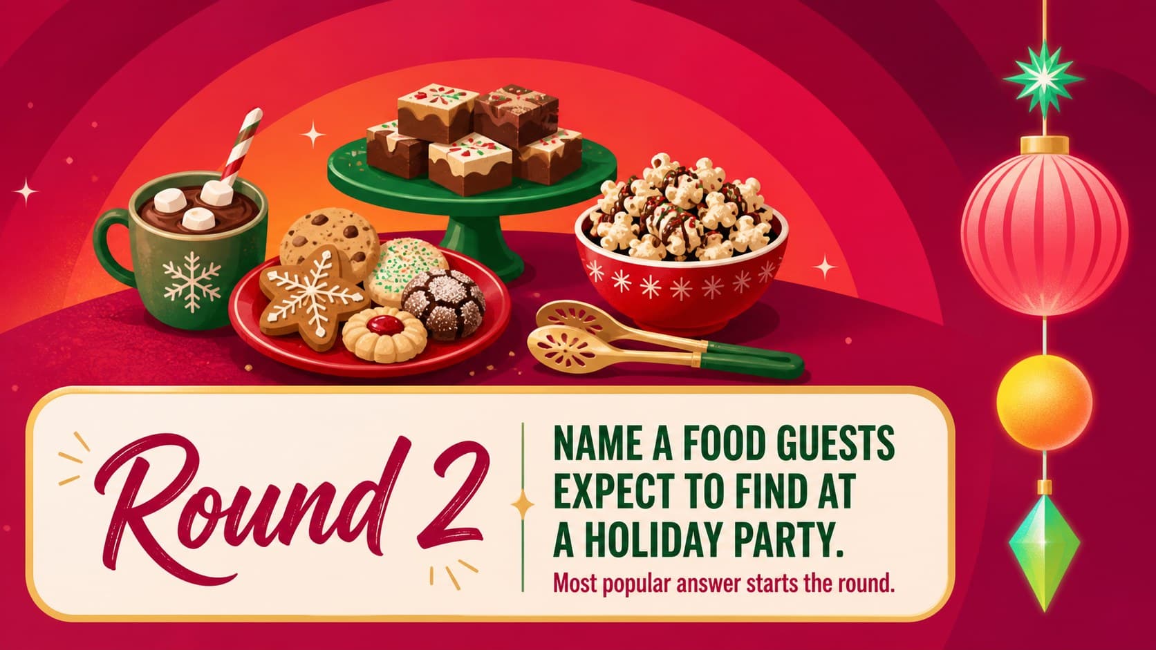 Family Christmas survey game question round about popular holiday party foods.