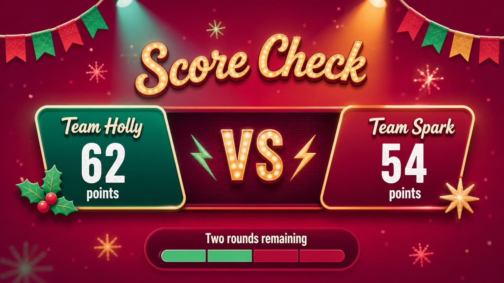Interactive holiday party scoreboard comparing two teams after the opening quiz rounds.