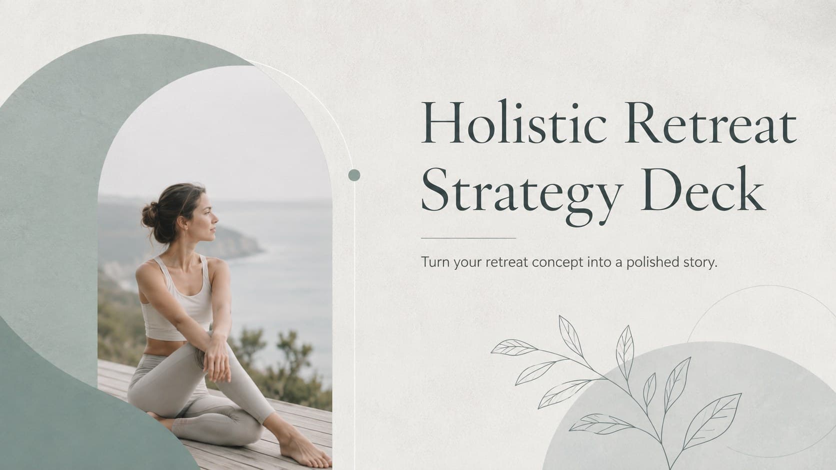 Cover of a holistic retreat strategy deck with muted green geometry and an elegant grey background.