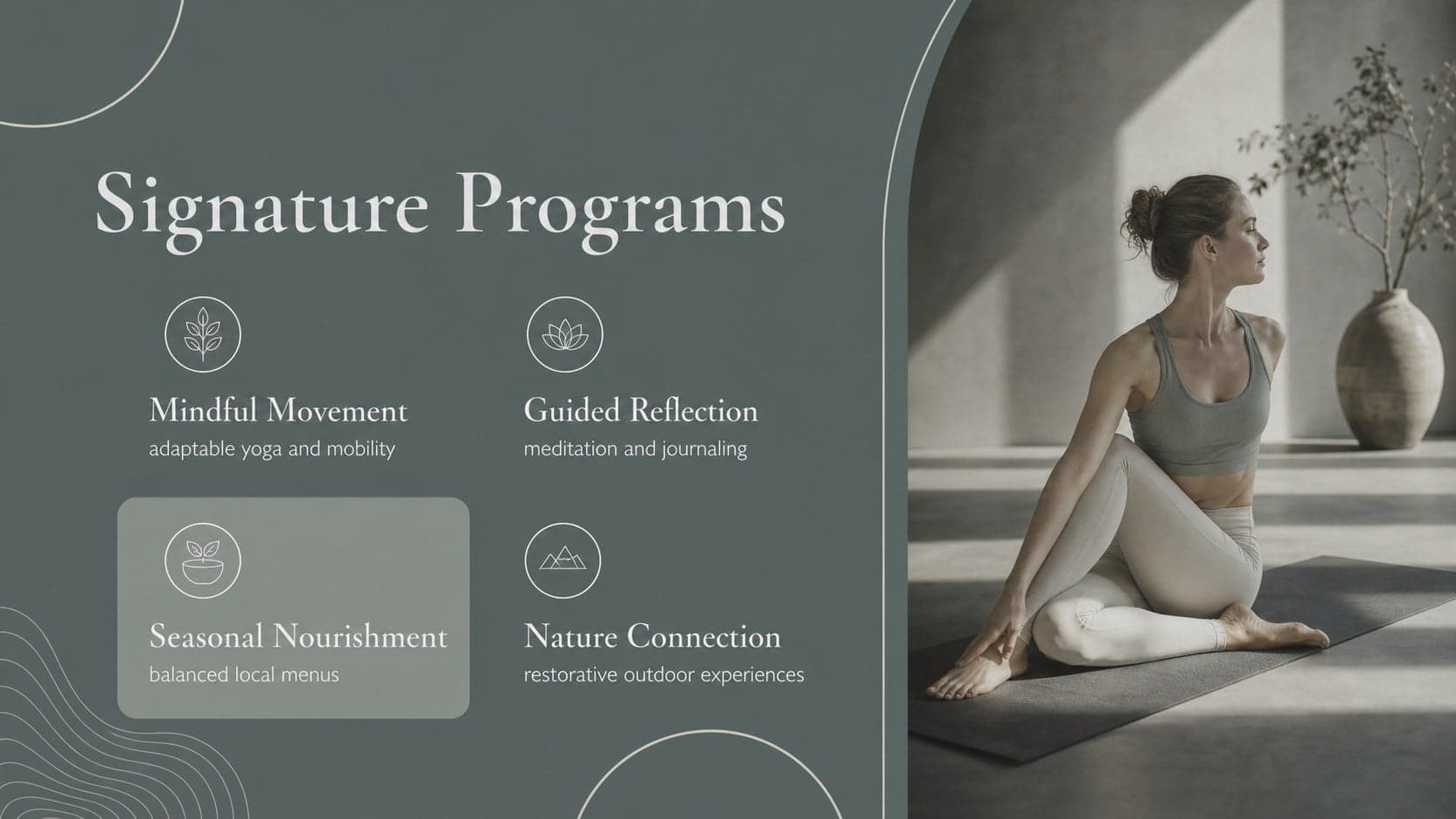 Wellness retreat pitch deck slide presenting movement, mindfulness, nourishment, and nature programs.
