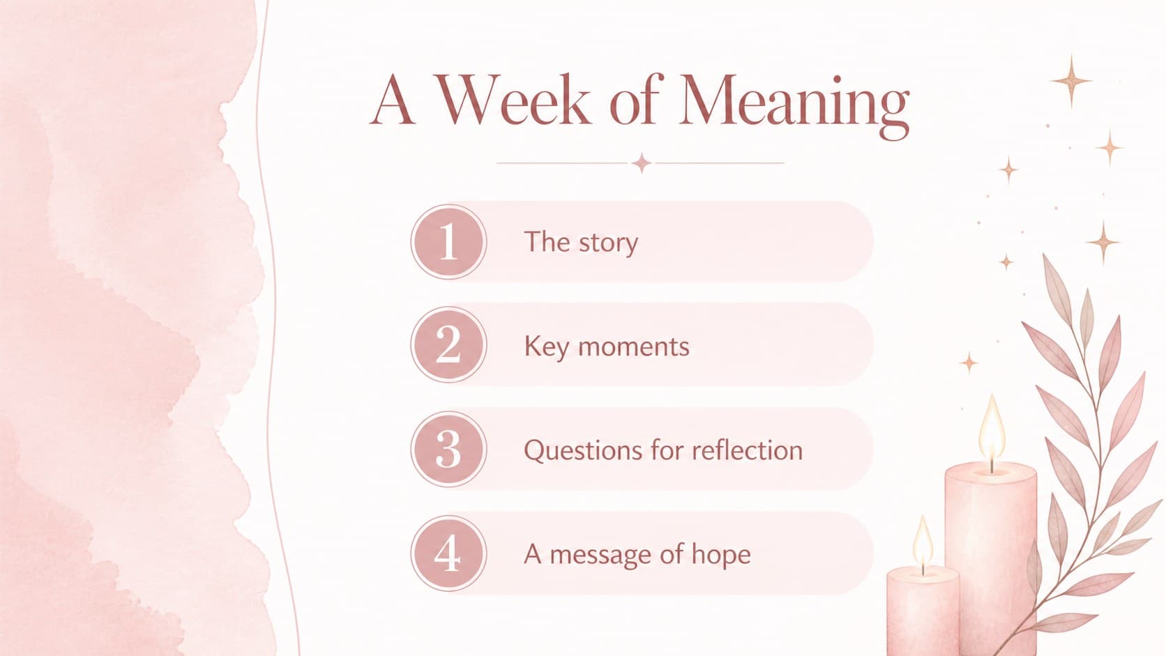 Agenda slide outlining a Holy Week lesson presentation with pink headings and elegant timeline accents.
