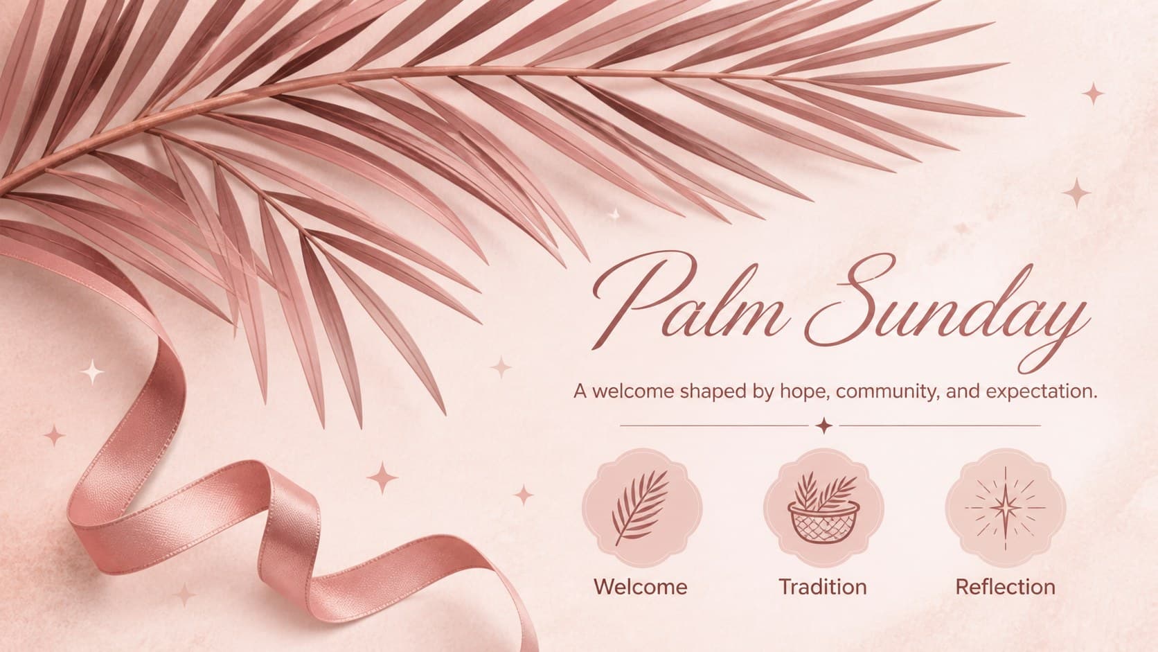 Palm Sunday teaching slide explaining the opening moment of a Holy Week lesson in a pink editorial style.