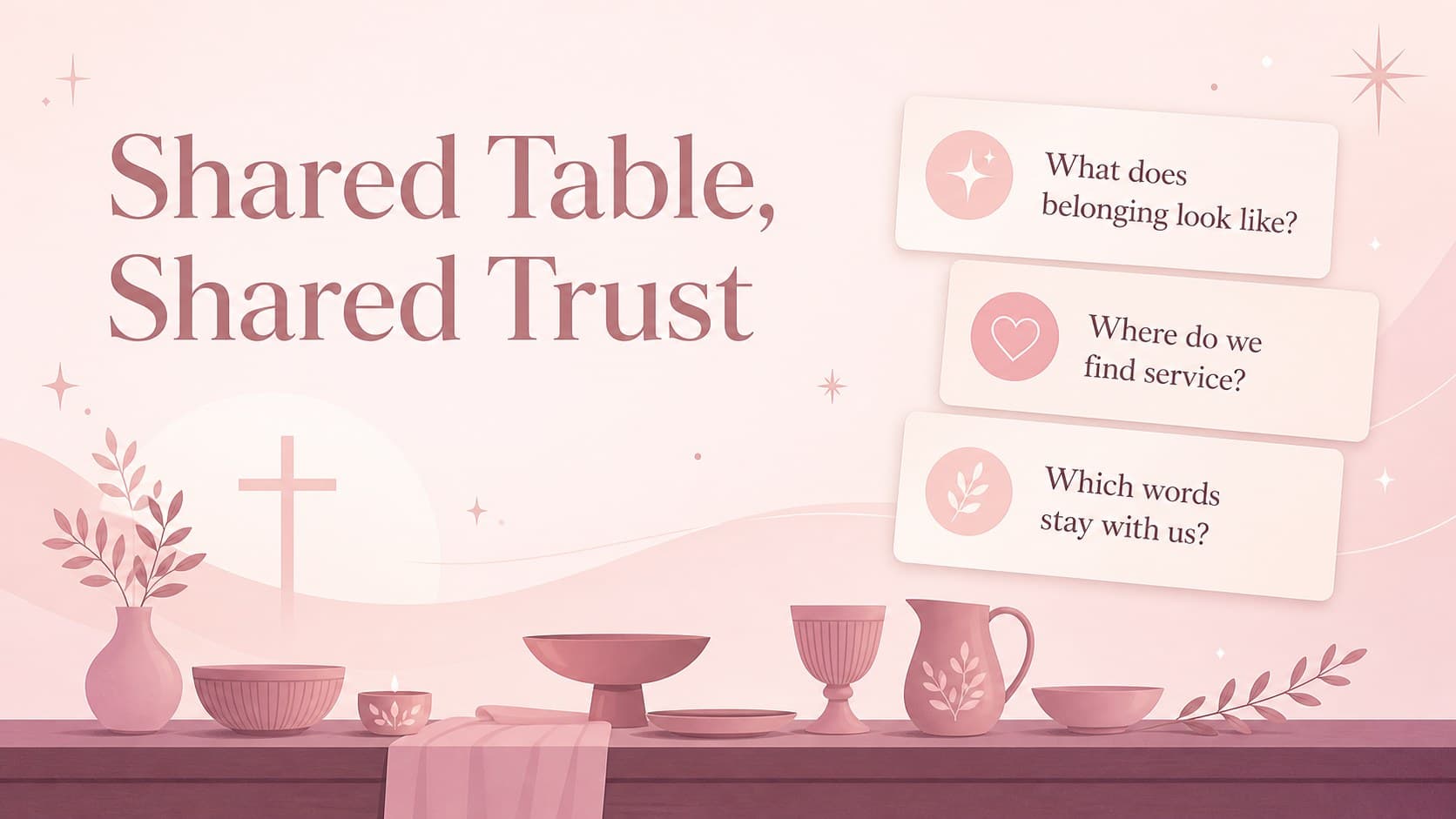 Last Supper discussion slide with a pink table illustration and prompts for group reflection.