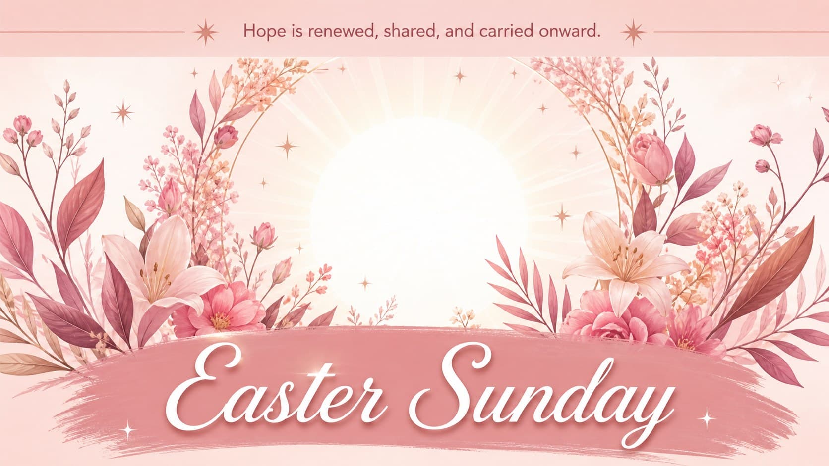 Easter Sunday message slide celebrating renewal with pink typography and a bright botanical illustration.