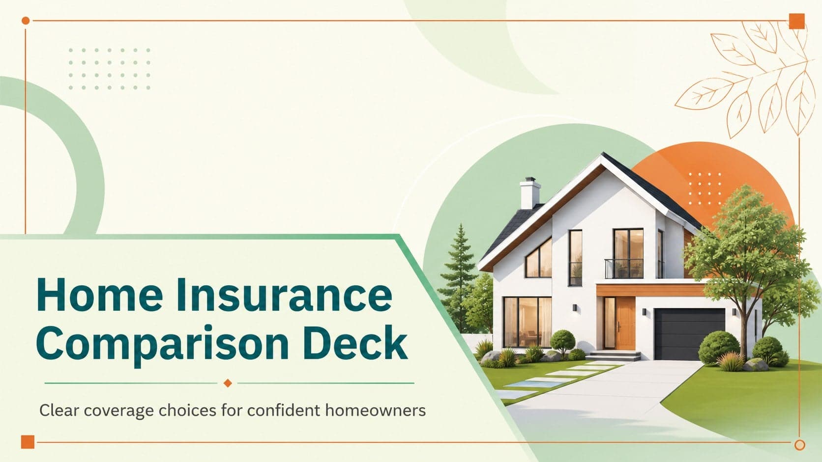 Cover slide for a home insurance comparison deck with green and orange geometric accents.