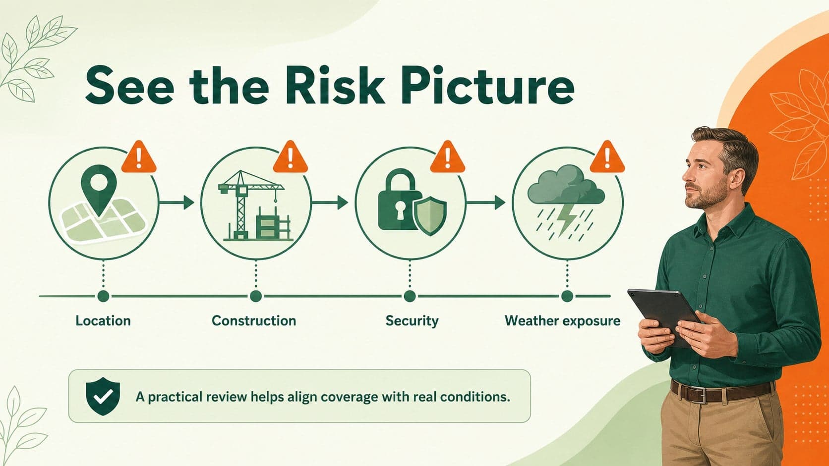 Property risk assessment slide showing visual factors that influence home insurance coverage.