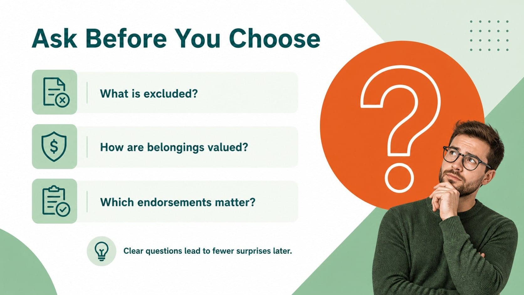 Home insurance exclusions slide explaining questions to ask before choosing a policy.