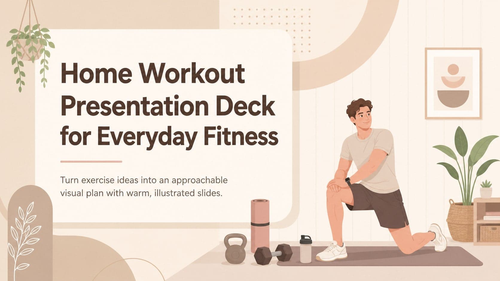 Cover of a home workout presentation deck with warm beige fitness illustrations and an everyday exercise theme.