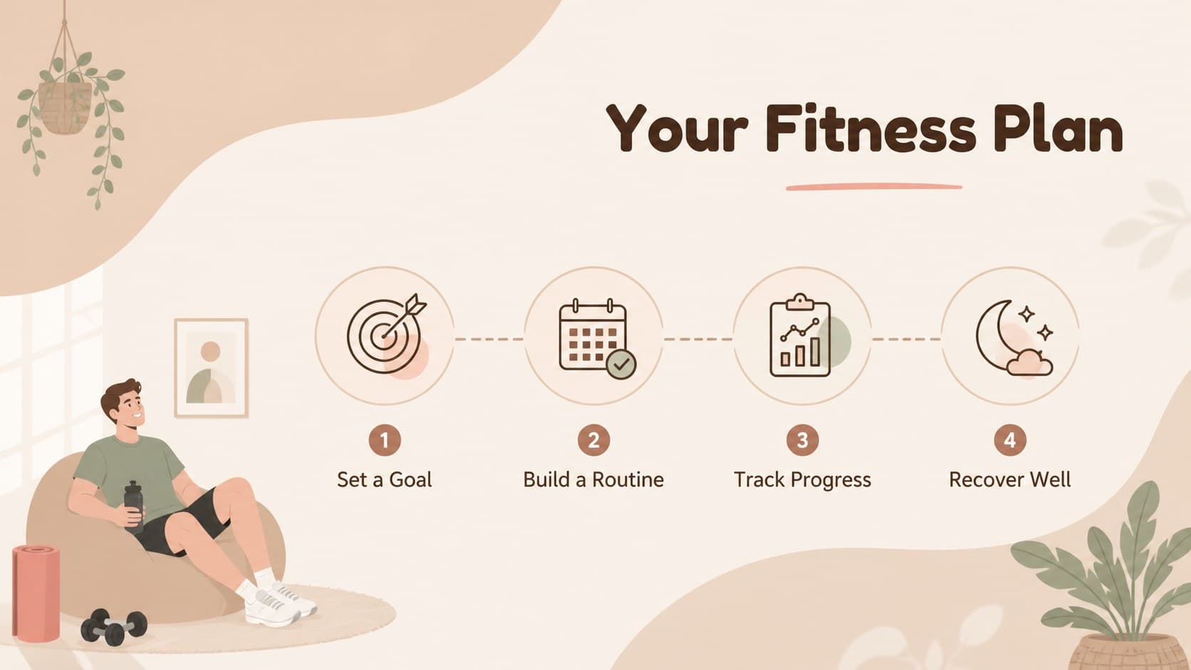 Agenda slide for an illustrated home fitness presentation covering routines, goals, equipment, and recovery.