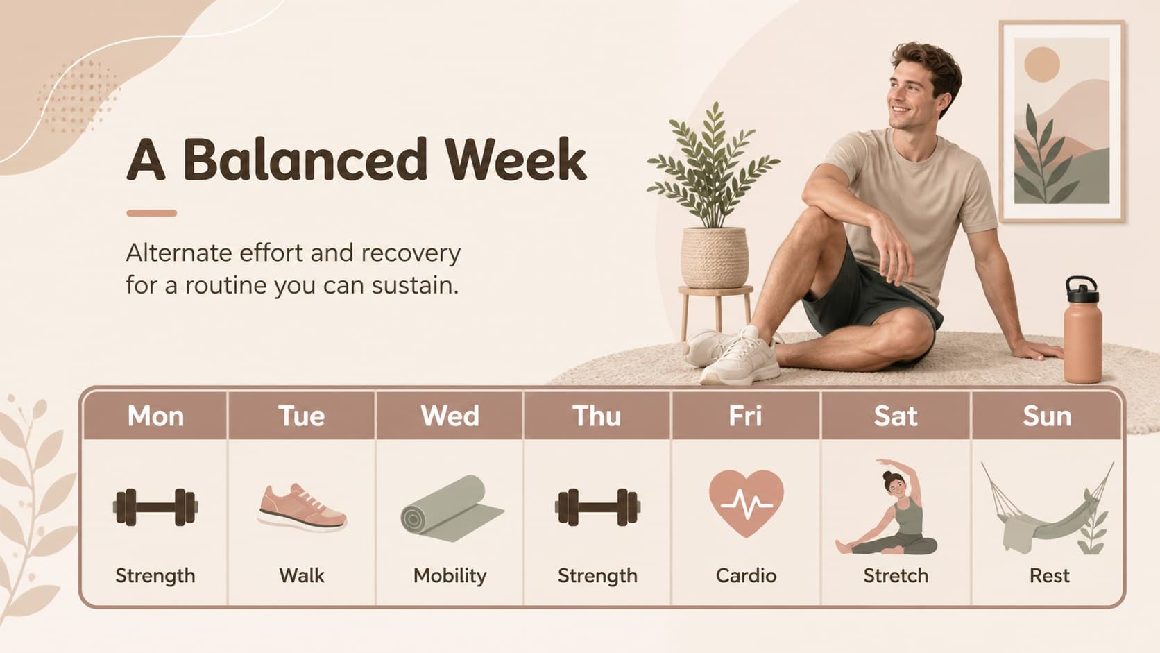Home exercise routine slide presenting a balanced weekly schedule for strength, cardio, mobility, and rest.