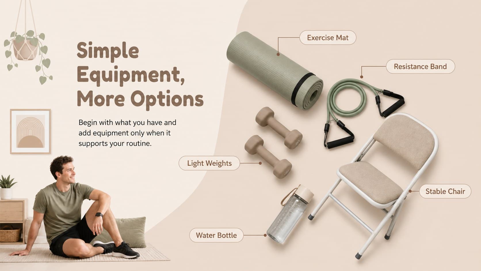 Illustrated home workout presentation slide listing simple equipment for effective at-home training.