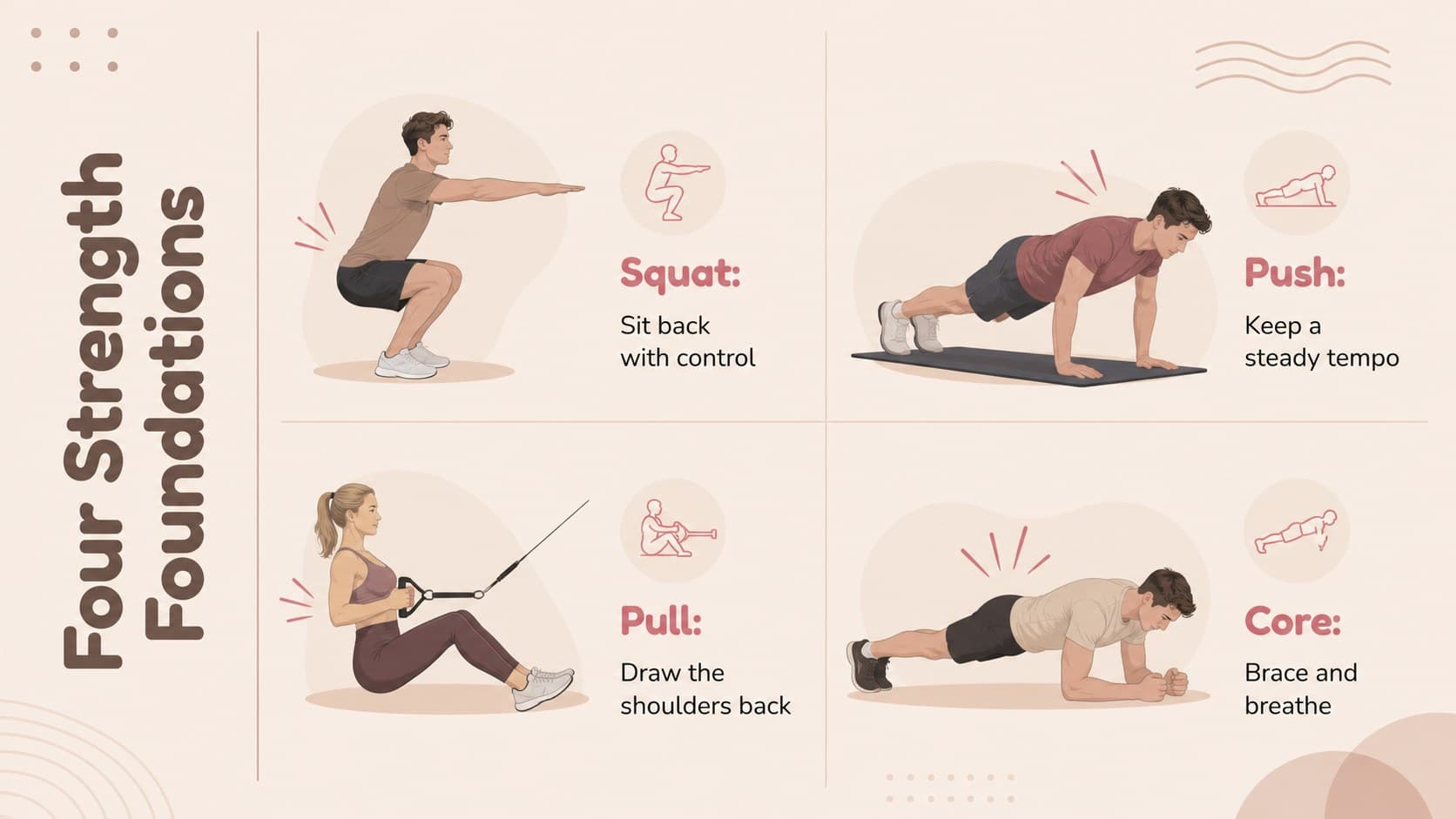 At-home strength training presentation slide explaining squat, push, pull, and core movement patterns.