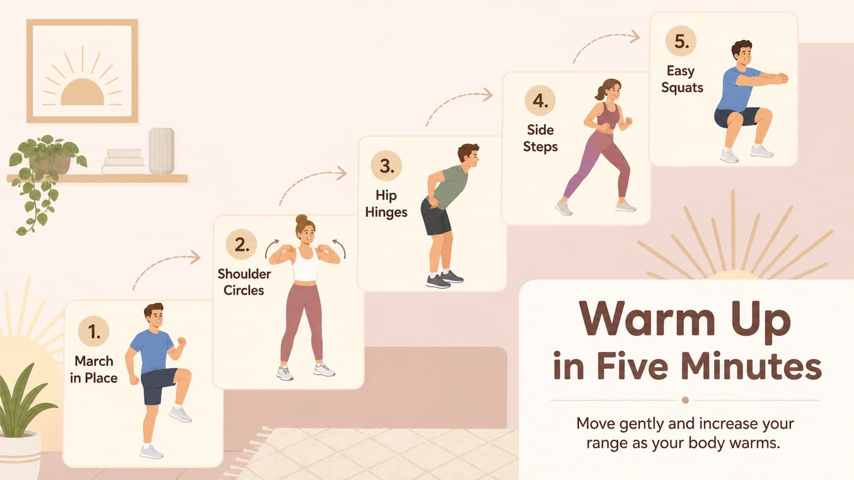 Warm-up slide in a beige fitness presentation theme with mobility, marching, and activation exercises.