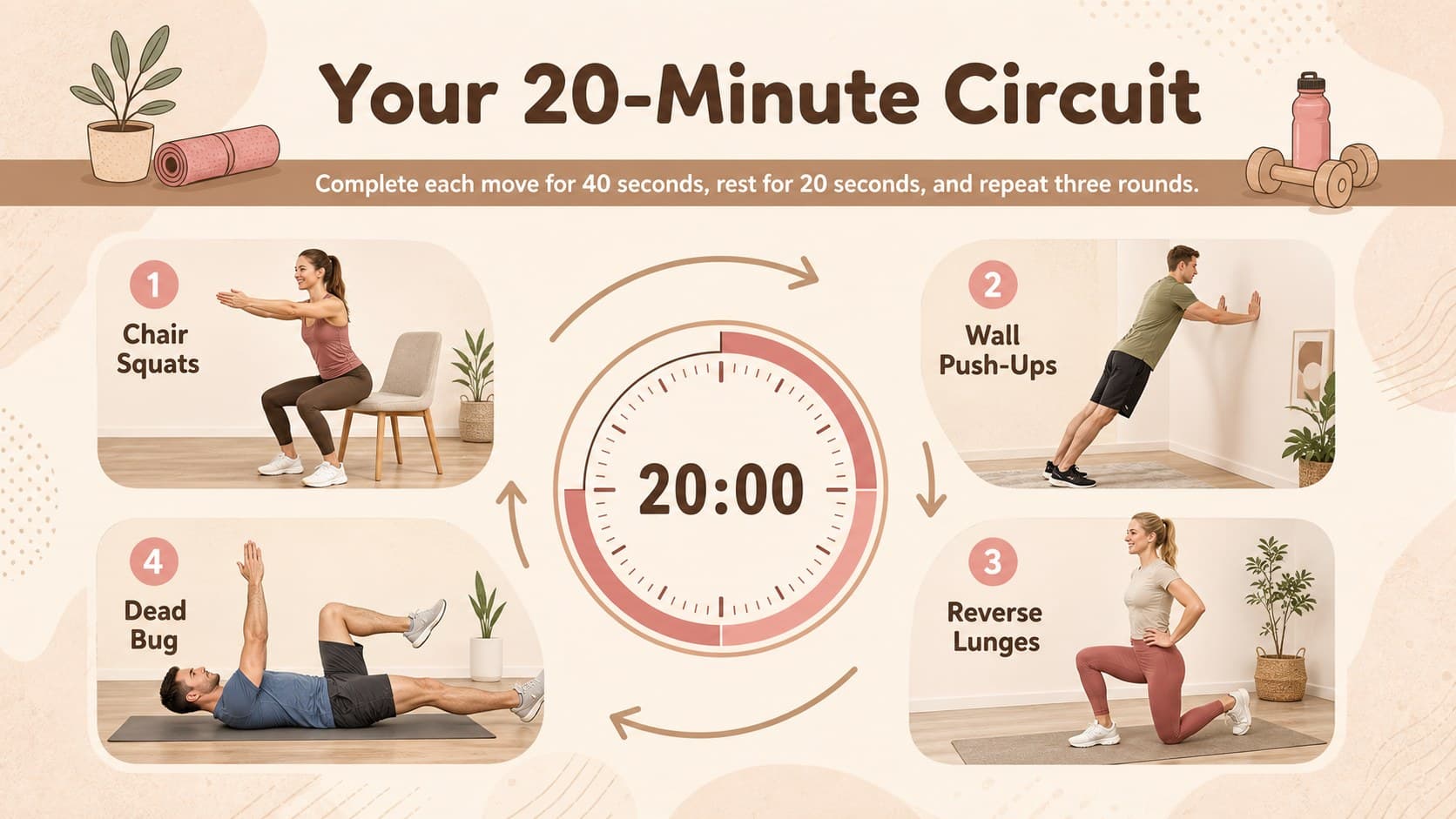 Home workout circuit slide showing a repeatable four-move beginner exercise session.
