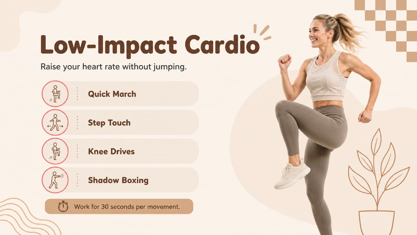 Low-impact cardio slide for a home fitness deck featuring four apartment-friendly exercises.