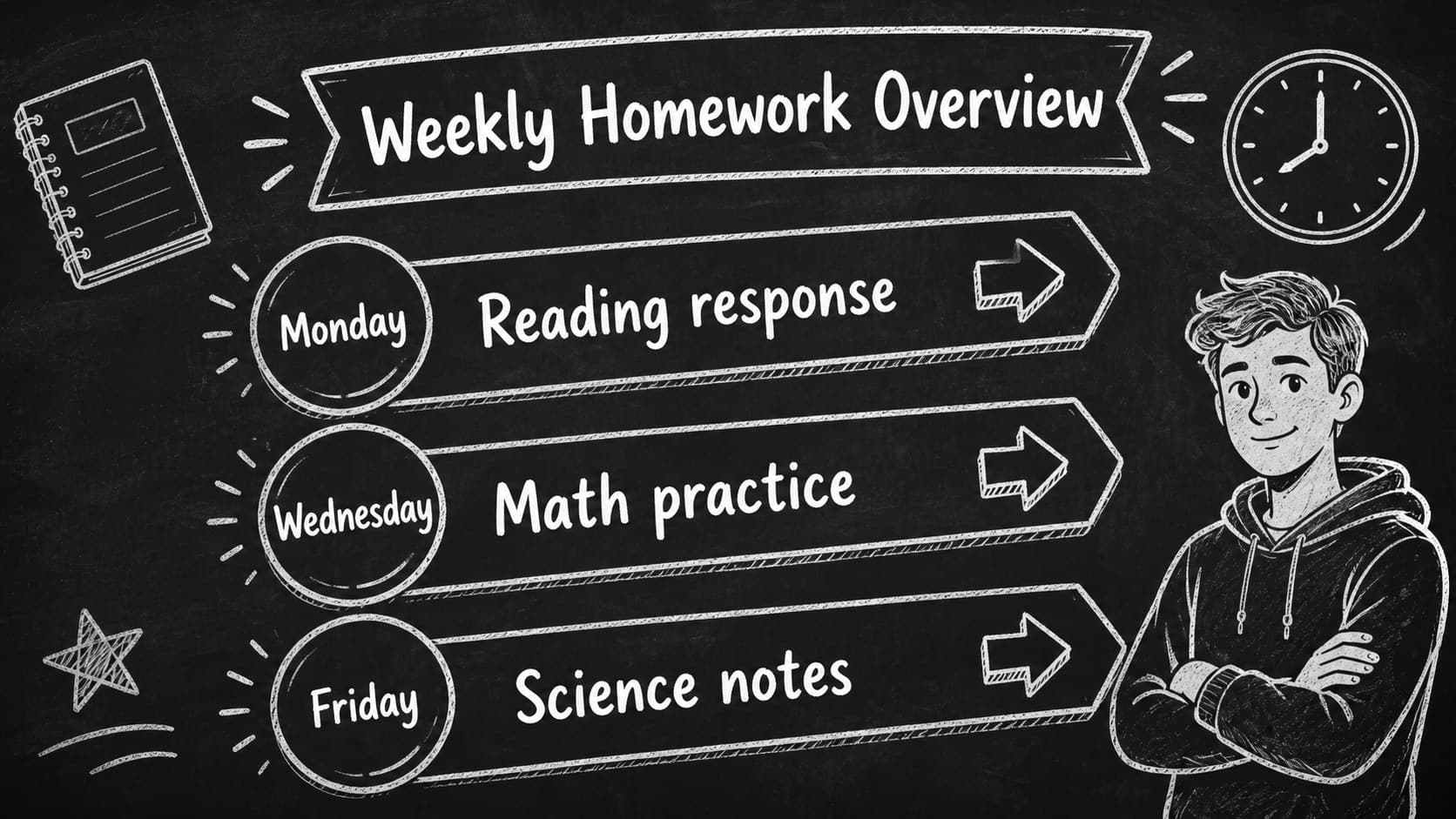Weekly homework overview slide with task cards and due-date notes for students.