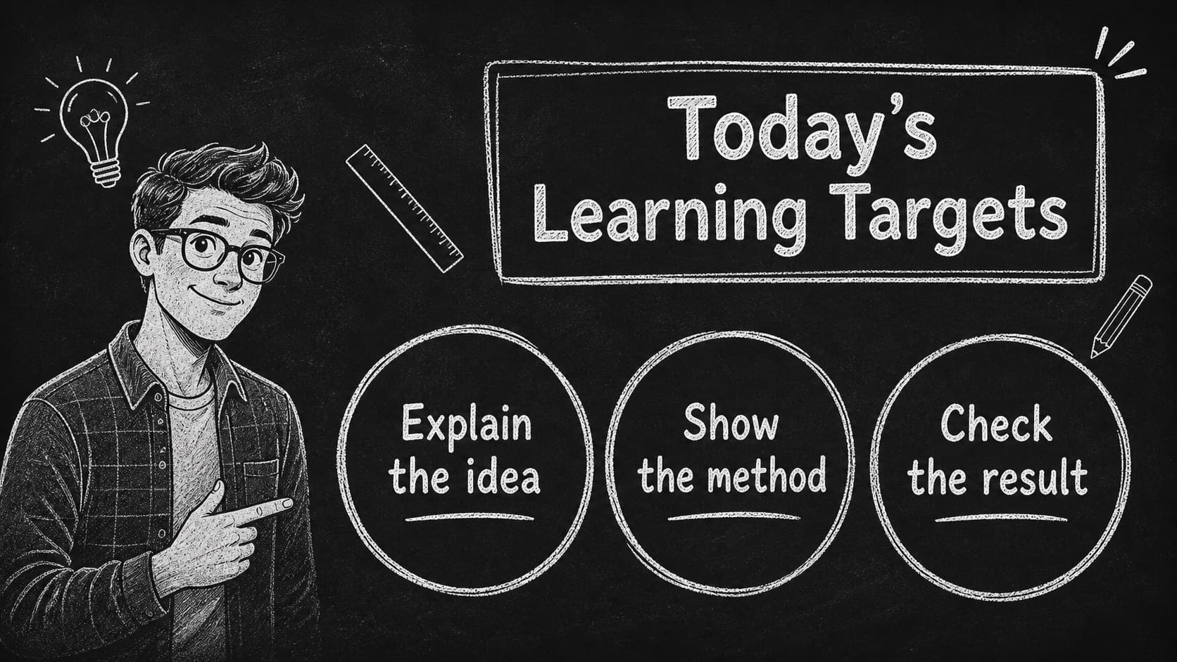 Assignment goals slide showing three learning targets in a chalkboard classroom layout.