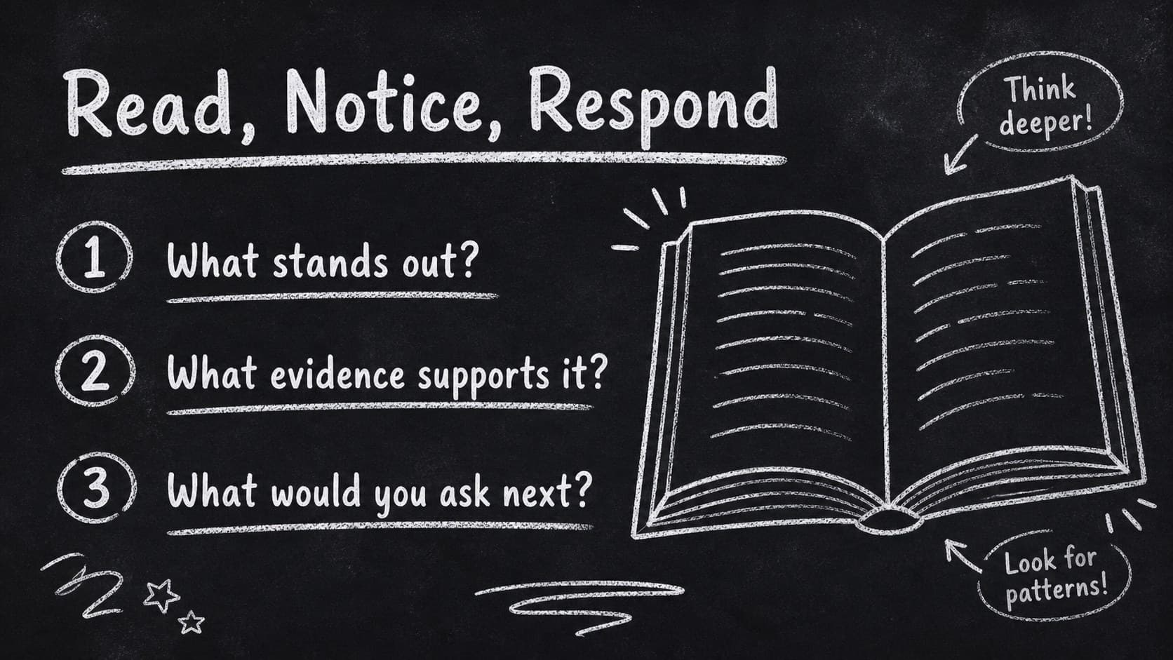 Reading assignment slide with a book illustration and discussion prompts on a chalkboard.