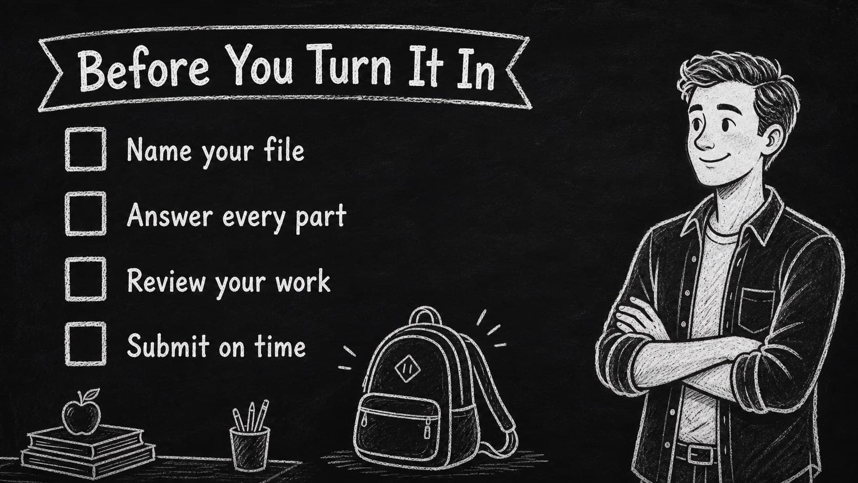 Homework checklist slide with student task boxes and a playful blackboard illustration.