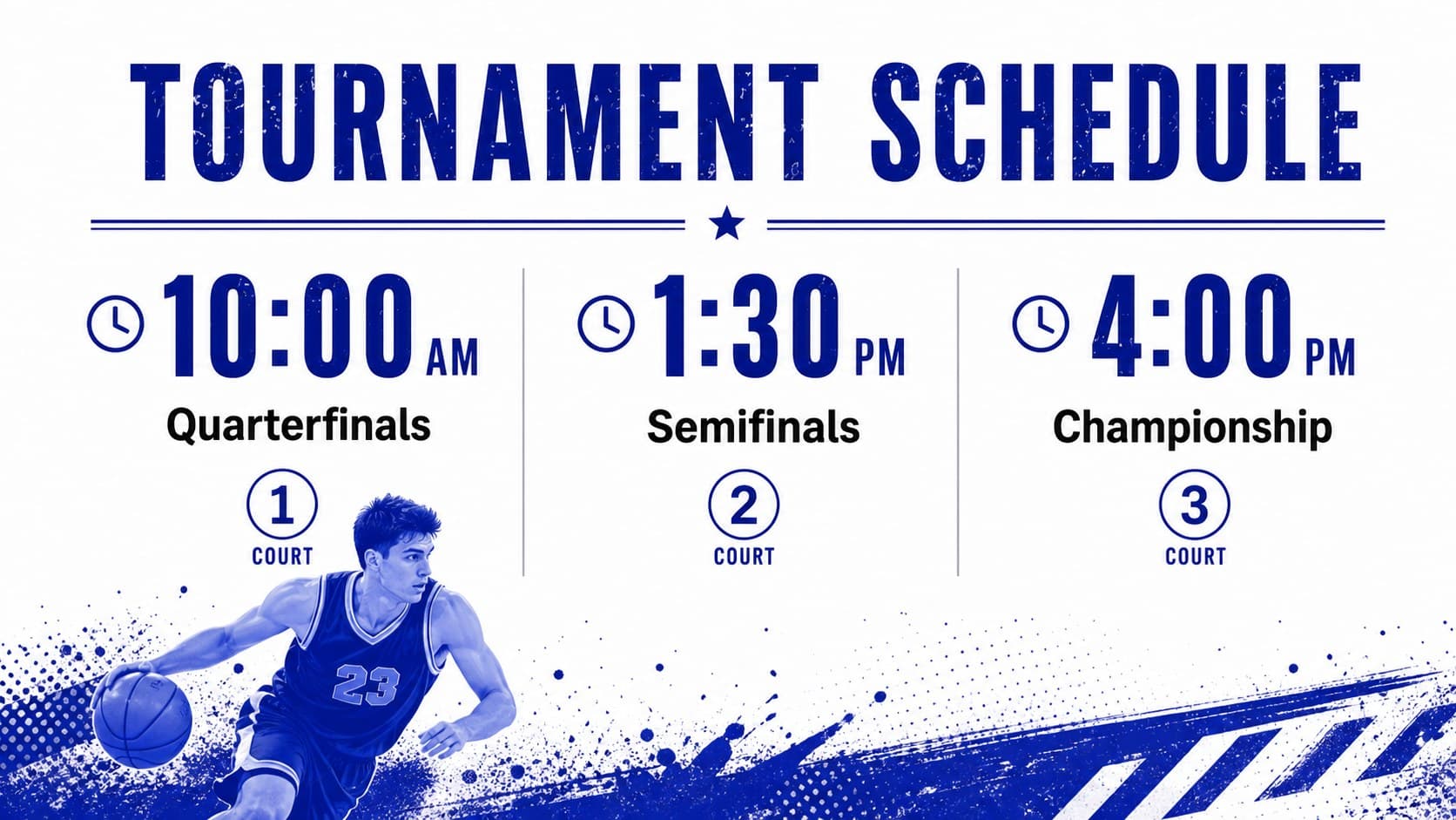Clean basketball tournament schedule slide with a white background, game times, and court assignments.