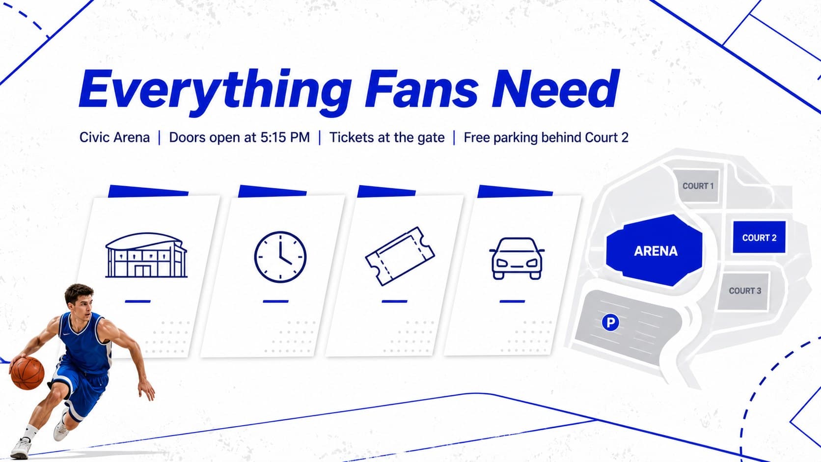 White sports event information slide highlighting venue access, tickets, parking, and registration details.