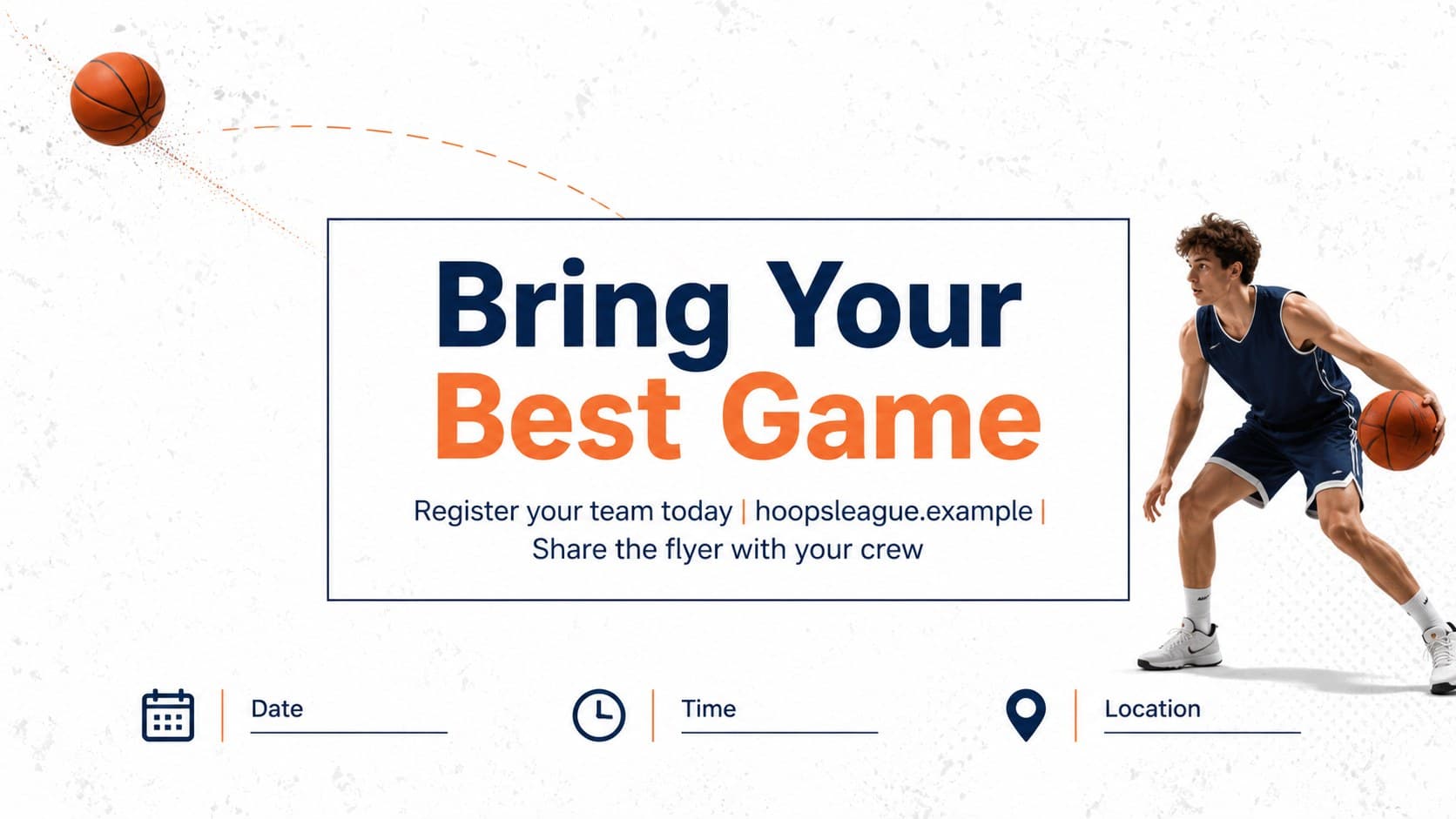 Minimal white closing slide inviting audiences to register, attend, and share a basketball tournament event.